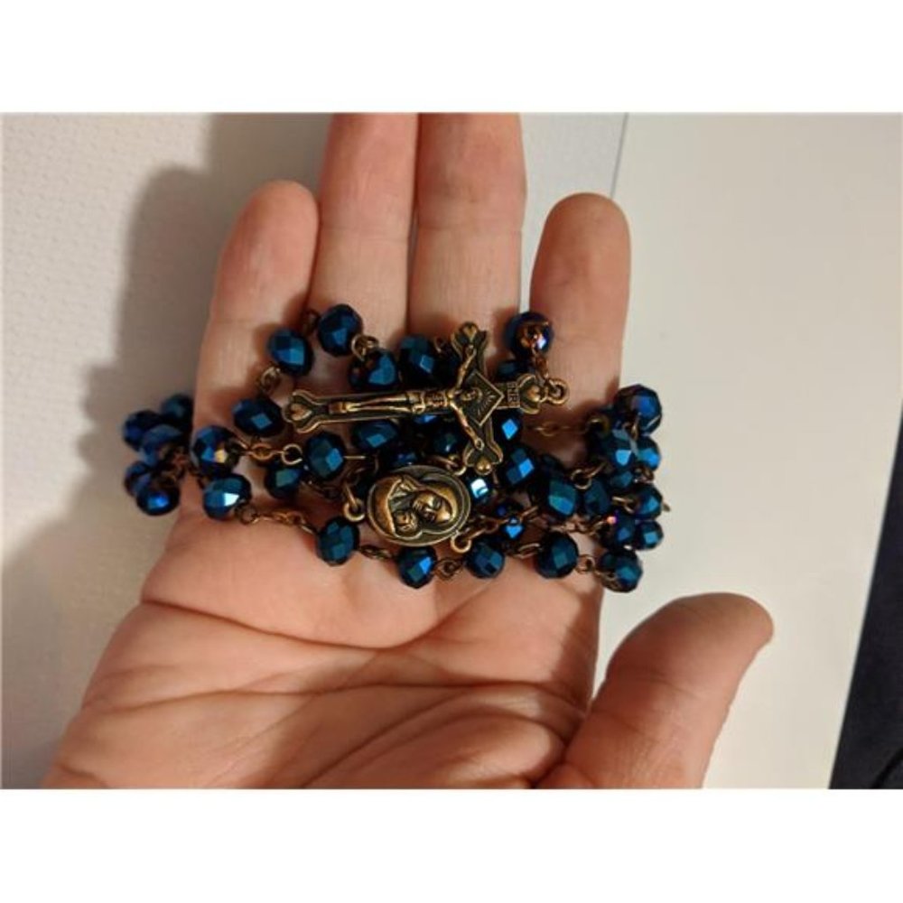 Antique Rosary Necklace, Blue Crystal Beads, Jerusalem Medal, Holy Soil Cross